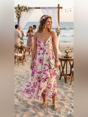 Floral Pink V-Neck Tiered Maxi Dress - Women's Summer Dress size XL